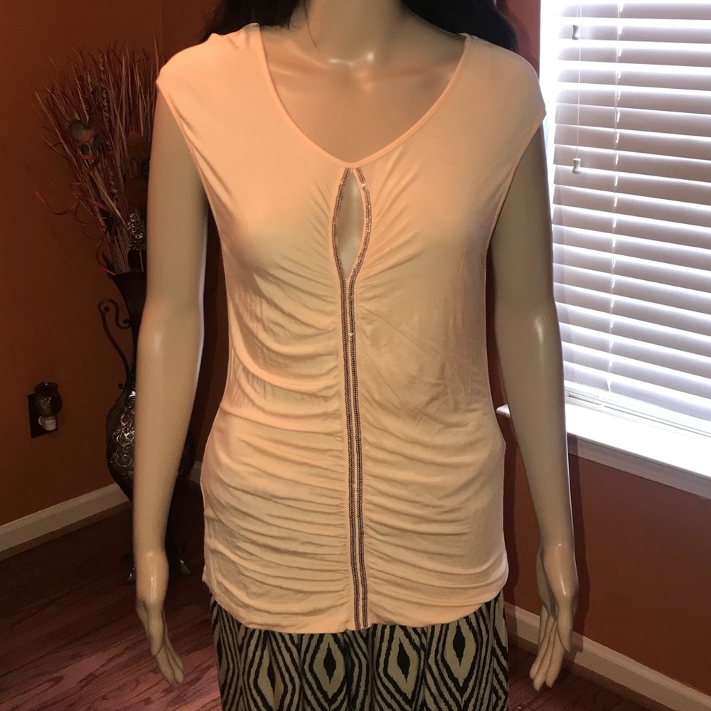 Peach sequin front keyhole stretch blouse. Size M